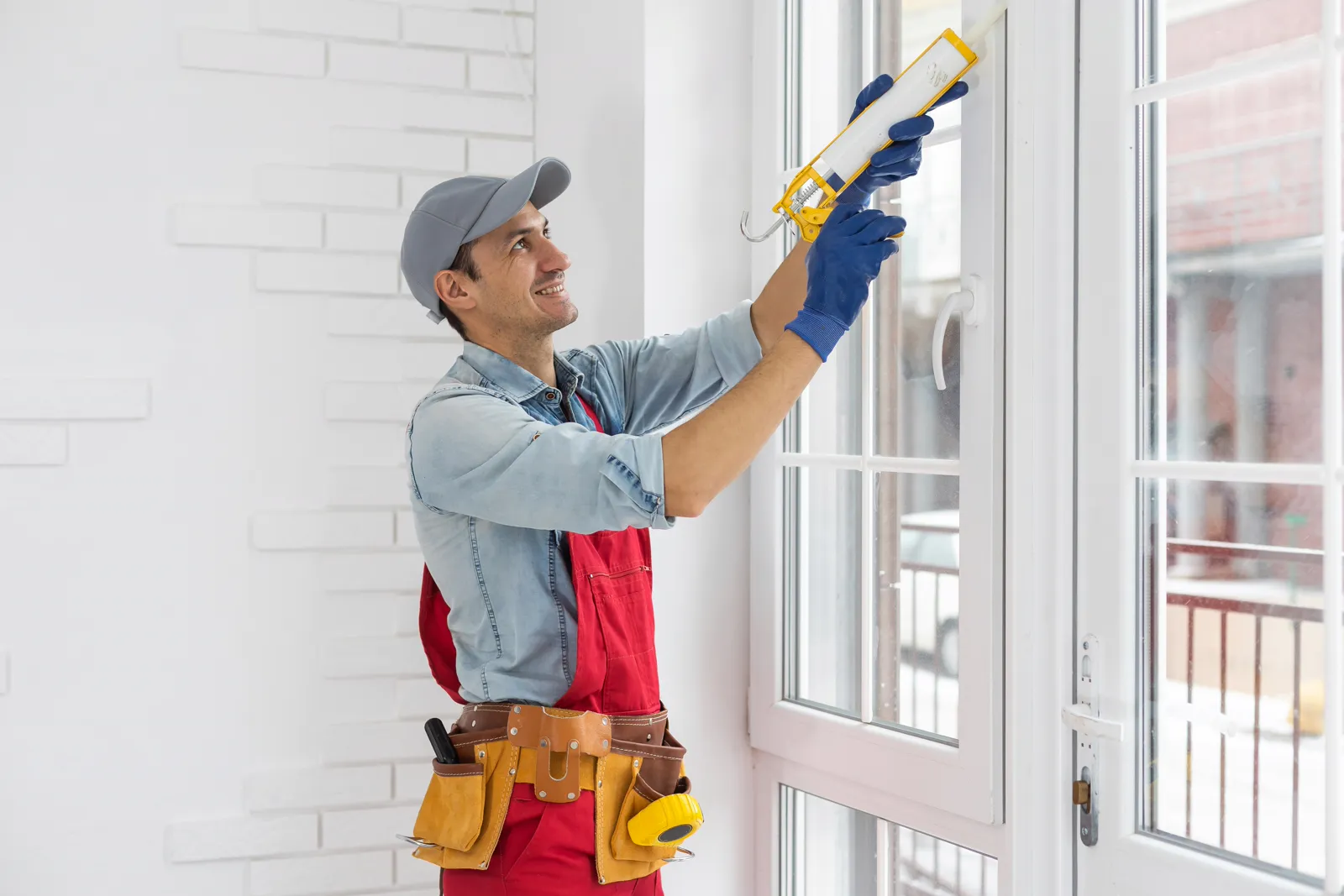 Harry, a friendly handyman in workwear, caulking a window frame